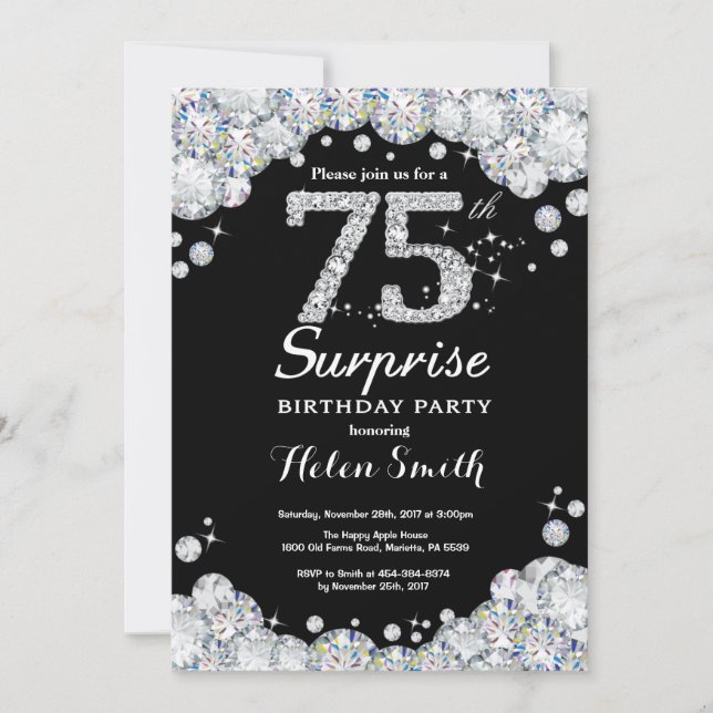 Surprise 75th Birthday Invitation Silver Diamond (Front)