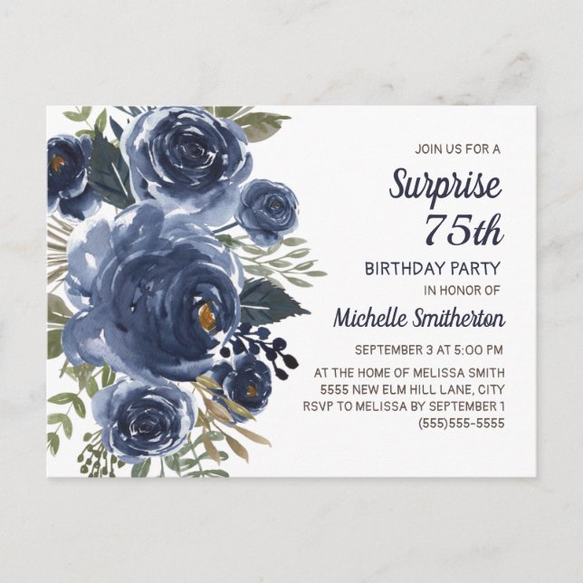 Surprise 75th Birthday Navy Blue Watercolor Floral Postcard (Front)