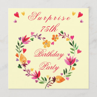Surprise 75th Birthday Watercolor Floral Heart Invitation