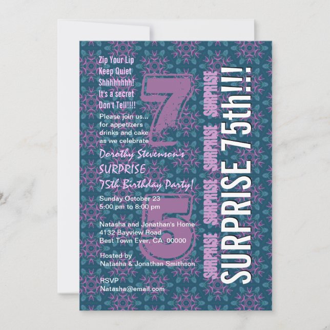 SURPRISE 75th Modern Birthday Purple and Teal G538 Invitation (Front)