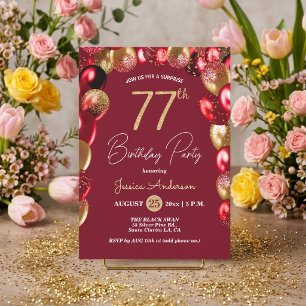 Surprise 77th Birthday Party Gold Burgundy Glitter Invitation