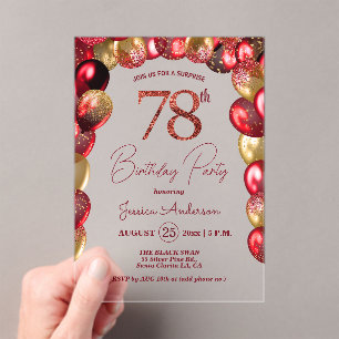 Surprise 78th Birthday Party Gold Burgundy Glitter Acrylic Invitations