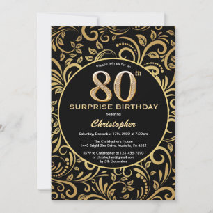 Surprise 80th Birthday Black and Gold Floral Invitation