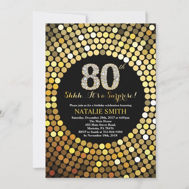 Surprise 80th Birthday Black and Gold Glitter Invitation (Front)