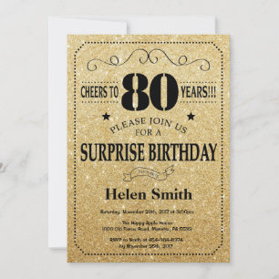 Surprise 80th Birthday Black and Gold Glitter Invitation
