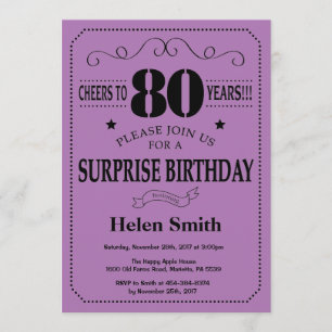 Surprise 80th Birthday Black and Purple Invitation