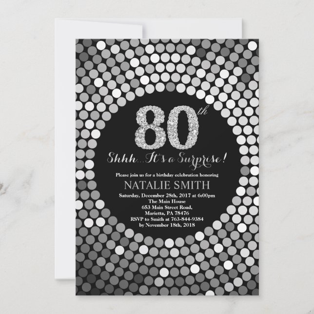 Surprise 80th Birthday Black and Silver Glitter Invitation (Front)