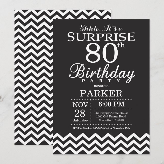 Surprise 80th Birthday Black and White Chevron Invitation (Front/Back)