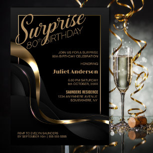 Surprise 80th Birthday Black Gold Party Invitation