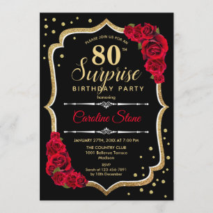Surprise 80th Birthday - Black Gold Red Invitation