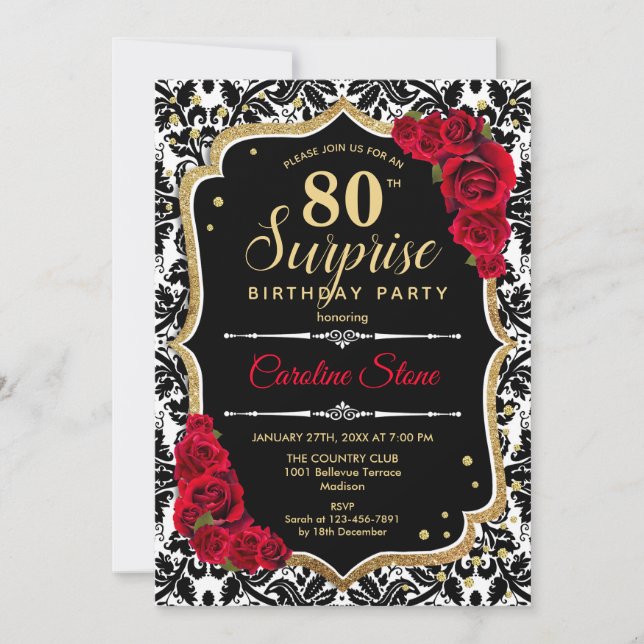 Surprise 80th Birthday - Black Gold Red Invitation (Front)