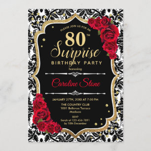 Surprise 80th Birthday - Black Gold Red Invitation