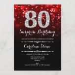 Surprise 80th Birthday - Black Red Silver Invitation<br><div class="desc">Surprise 80th Birthday Invitation.
Elegant black red design with faux glitter silver. Adult birthday. Features diamonds,  bokeh lights and script font. Men or women bday invite.  Perfect for a stylish birthday party. Message me if you need further customization.</div>