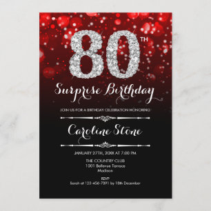 Surprise 80th Birthday - Black Red Silver Invitation