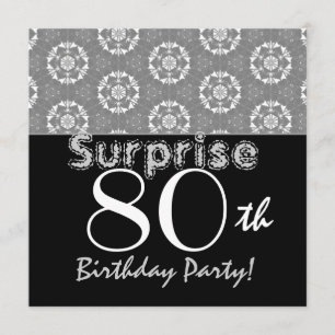 SURPRISE 80th Birthday Black Silver Flower Stars Invitation