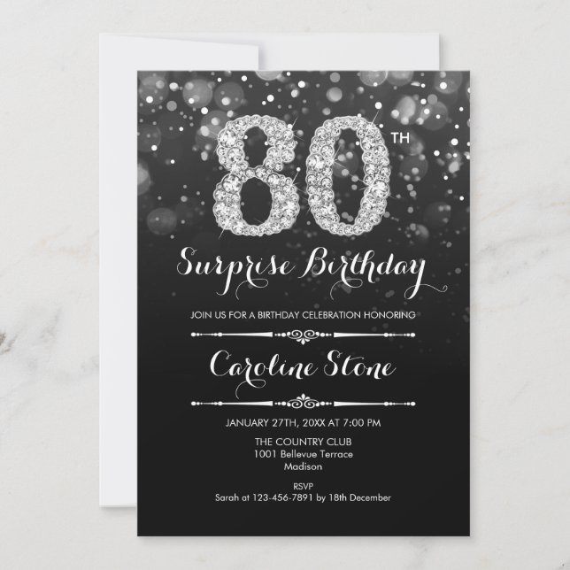 Surprise 80th Birthday - Black Silver Invitation (Front)