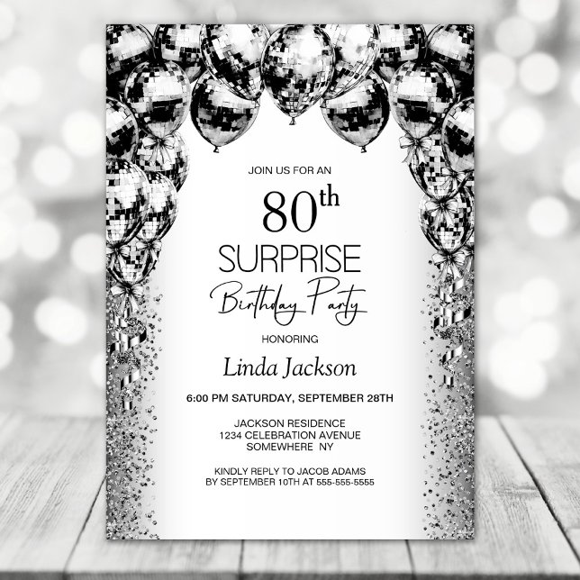 Surprise 80th Birthday Black White Balloons Party Invitation (Creator Uploaded)