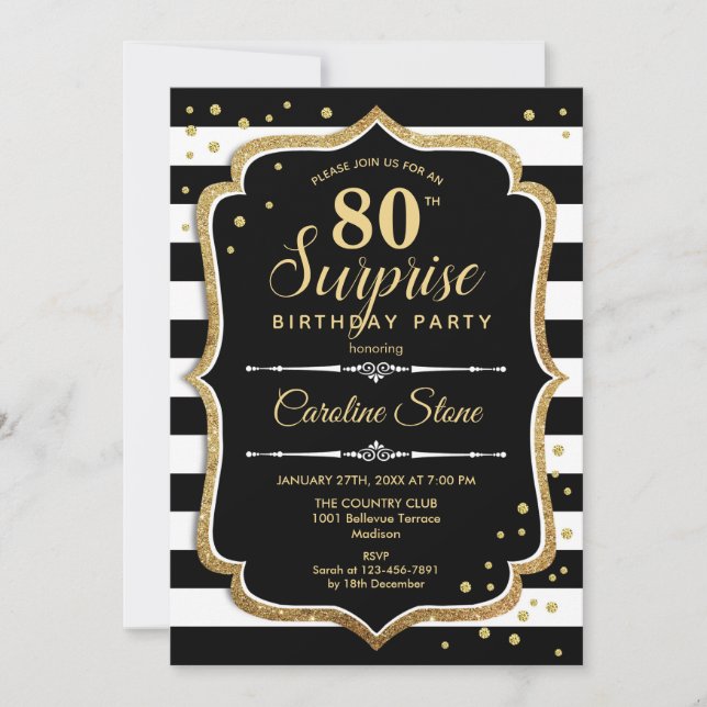 Surprise 80th Birthday - Black White Gold Invitation (Front)