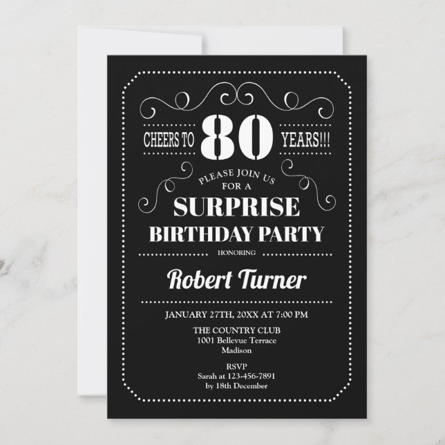 Surprise 80th Birthday - Black White Invitation (Front)