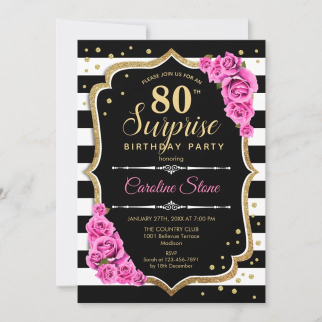 Surprise 80th Birthday - Black White Pink Invitation (Front)