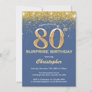Surprise 80th Birthday Blue and Gold Glitter Invitation