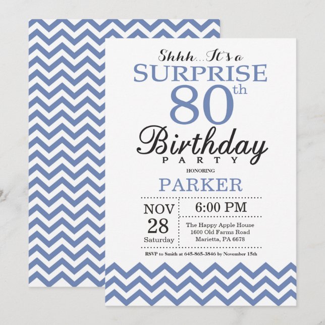 Surprise 80th Birthday Blue Chevron Invitation (Front/Back)