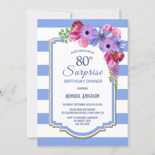 Surprise 80th Birthday Blue Striped Floral Dinner Invitation | Zazzle.co.uk