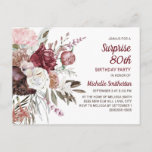 Surprise 80th Birthday Burgundy Blush Pink Floral Postcard<br><div class="desc">Elegant burgundy,  blush pink,  and cream-coloured floral Surprise 80th birthday party invitation for women.  You can customise the text on this card for a birthday party for any age you are celebrating.</div>