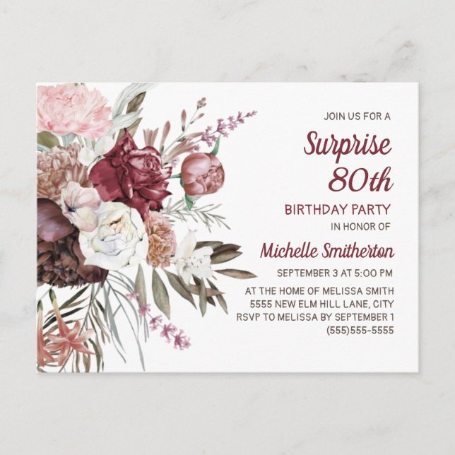 Surprise 80th Birthday Burgundy Blush Pink Floral Postcard (Front)