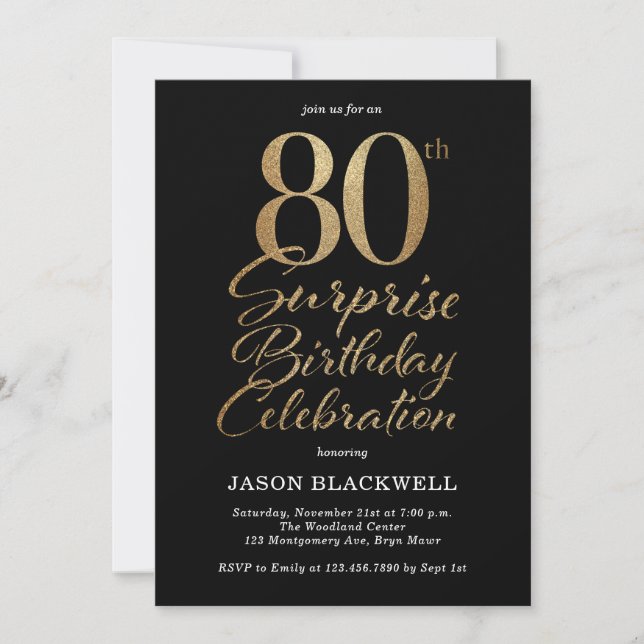 Surprise 80th Birthday Celebration Black & Gold Invitation (Front)