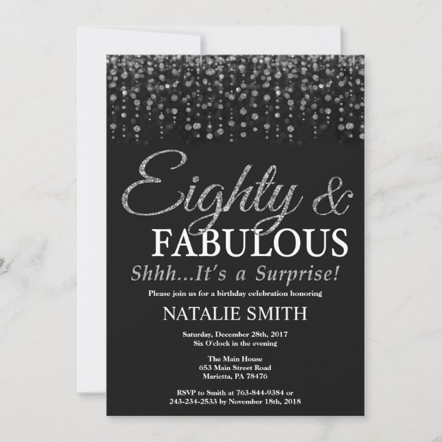 Surprise 80th Birthday Eighty and Fabulous Silver Invitation (Front)