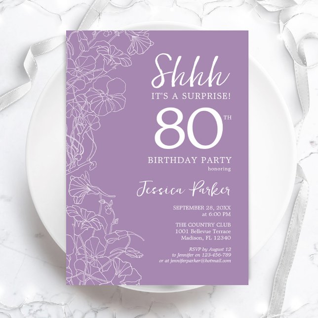 Surprise 80th Birthday - Floral Purple Invitation (Creator Uploaded)