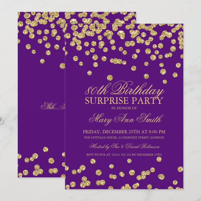Surprise 80th Birthday Gold Glitter Purple Invitation (Front/Back)