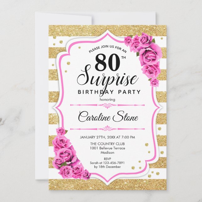 Surprise 80th Birthday - Gold White Pink Invitation (Front)