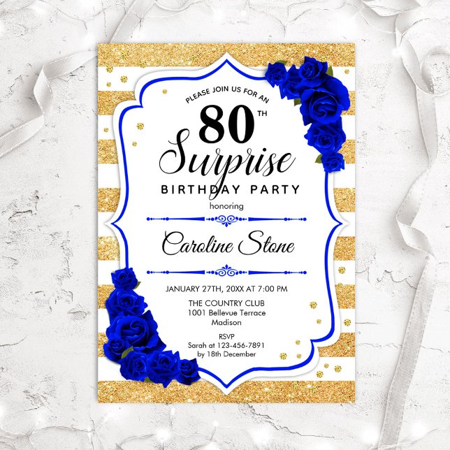 Surprise 80th Birthday - Gold White Royal Blue Invitation (Creator Uploaded)