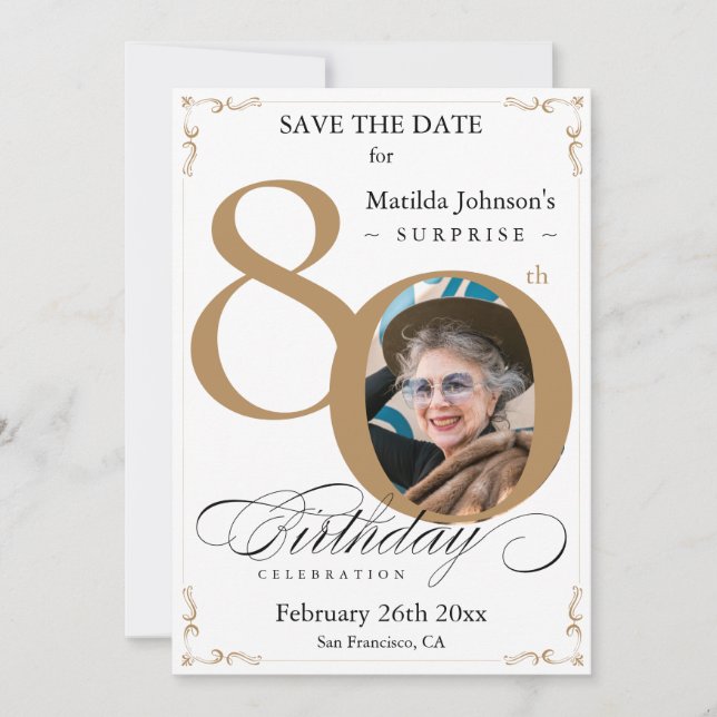 Surprise 80th Birthday  Gold White Save The Date Invitation (Front)