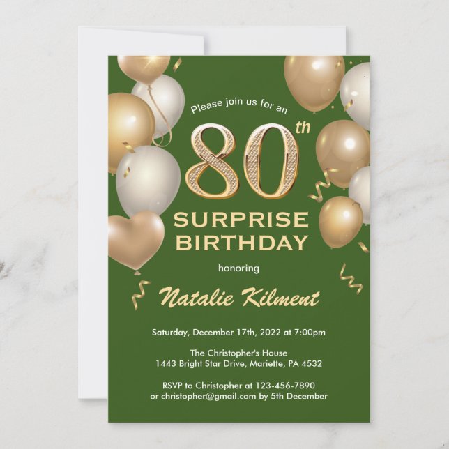 Surprise 80th Birthday Green and Gold Balloons Invitation (Front)