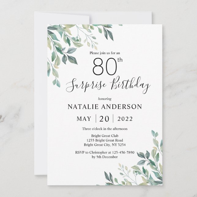 Surprise 80th Birthday Green Eucalyptus Greenery Invitation (Front)