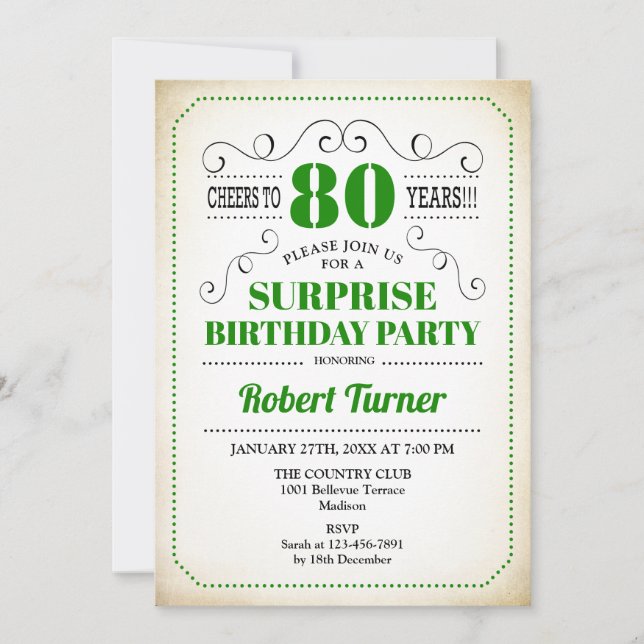 Surprise 80th Birthday - Green White Black Invitation (Front)