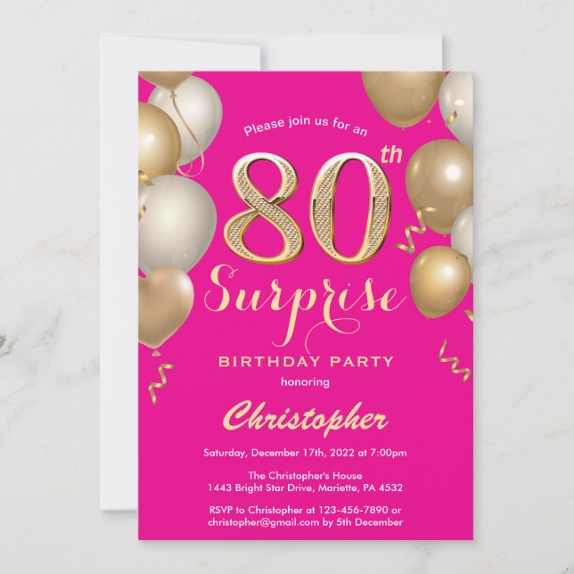 Surprise 80th Birthday Hot Pink and Gold Balloons Invitation (Front)