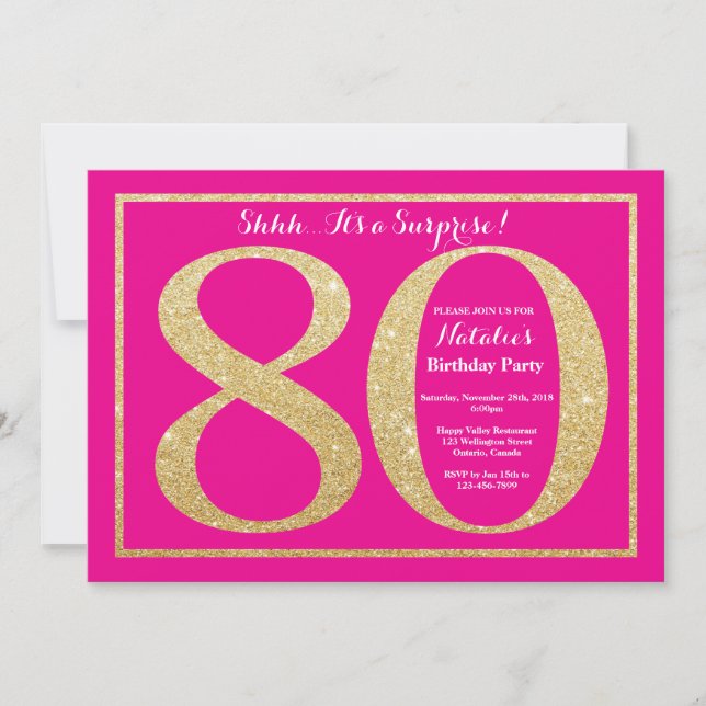 Surprise 80th Birthday Hot Pink and Gold Glitter Invitation (Front)