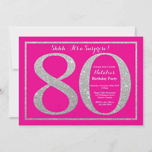 Surprise 80th Birthday Hot Pink and Silver Glitter Invitation (Front)