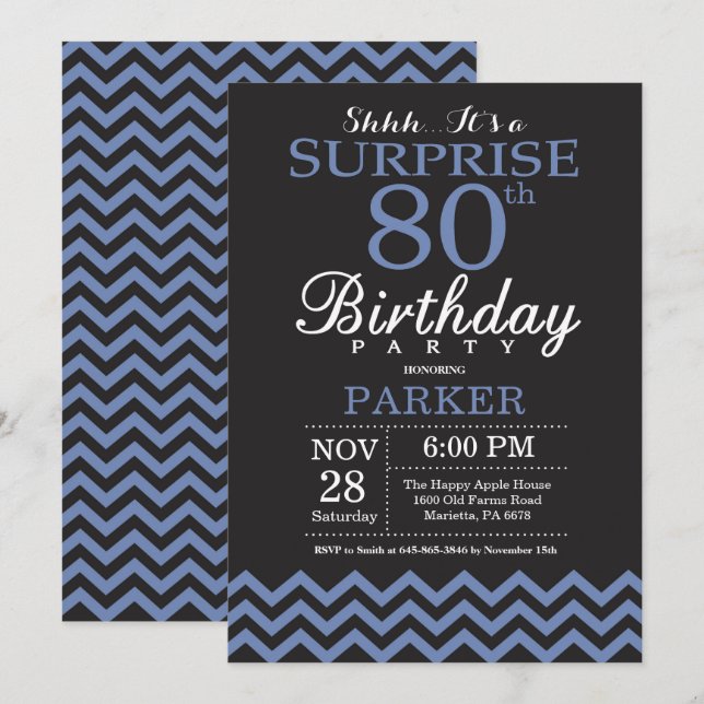Surprise 80th Birthday Invitation Black and Blue (Front/Back)