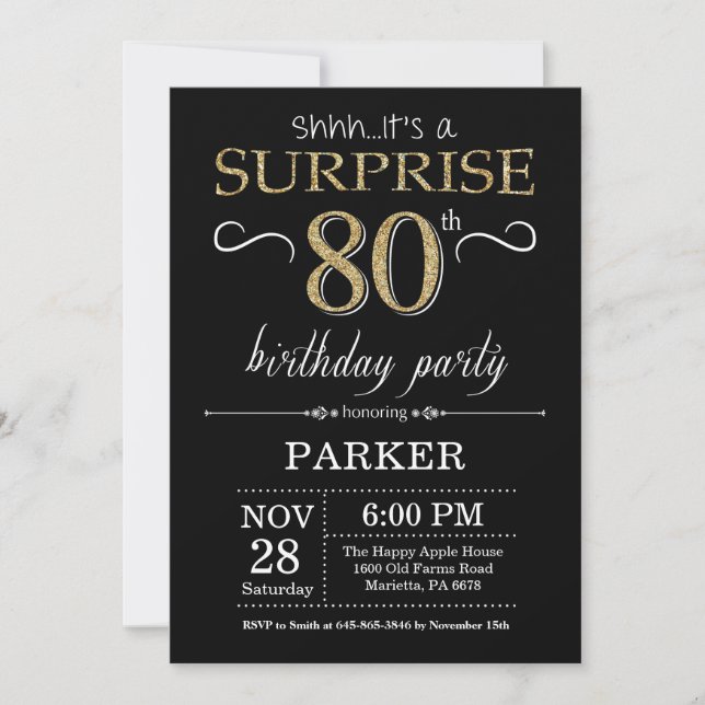 Surprise 80th Birthday Invitation Black and Gold (Front)