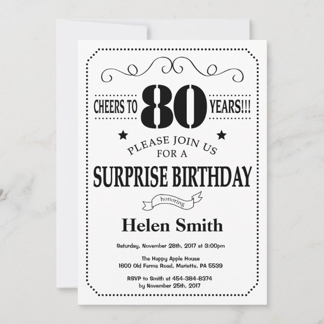 Surprise 80th Birthday Invitation Black and White (Front)