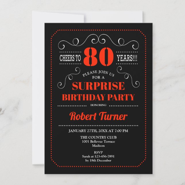 Surprise 80th Birthday Invitation - Black Red (Front)