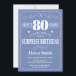 Surprise 80th Birthday Invitation Blue and White<br><div class="desc">Surprise 80th Birthday Invitation Blue and White Typography. Blue Background. Adult Birthday. Male Men or Women Birthday. Kids Boy or Girl Lady Teen Teenage Bday Invite. 13th 15th 16th 18th 20th 21st 30th 40th 50th 60th 70th 80th 90th 100th. Any Age. For further customisation, please click the "Customise it" button...</div>