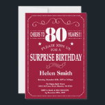 Surprise 80th Birthday Invitation Burgundy Red<br><div class="desc">Surprise 80th Birthday Invitation Burgundy Red and White Typography. Burgundy Red Background. Adult Birthday. Male Men or Women Birthday. Kids Boy or Girl Lady Teen Teenage Bday Invite. 13th 15th 16th 18th 20th 21st 30th 40th 50th 60th 70th 80th 90th 100th. Any Age. For further customisation, please click the "Customise...</div>