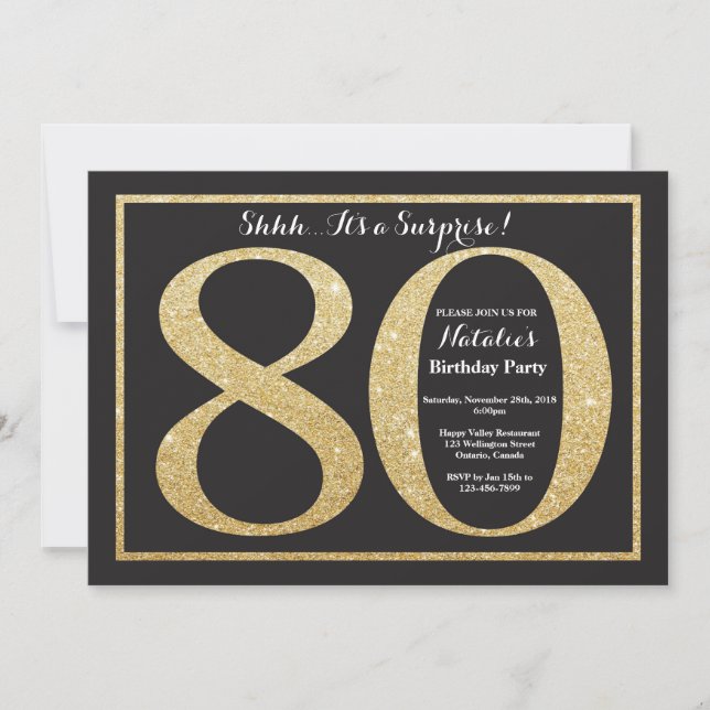 Surprise 80th Birthday Invitation Gold Glitter (Front)