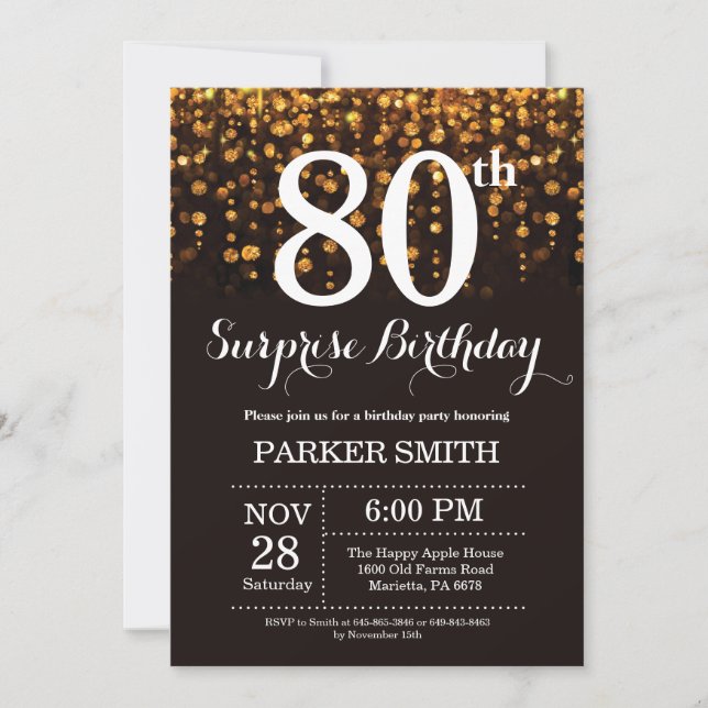 Surprise 80th Birthday Invitation Gold Glitter (Front)
